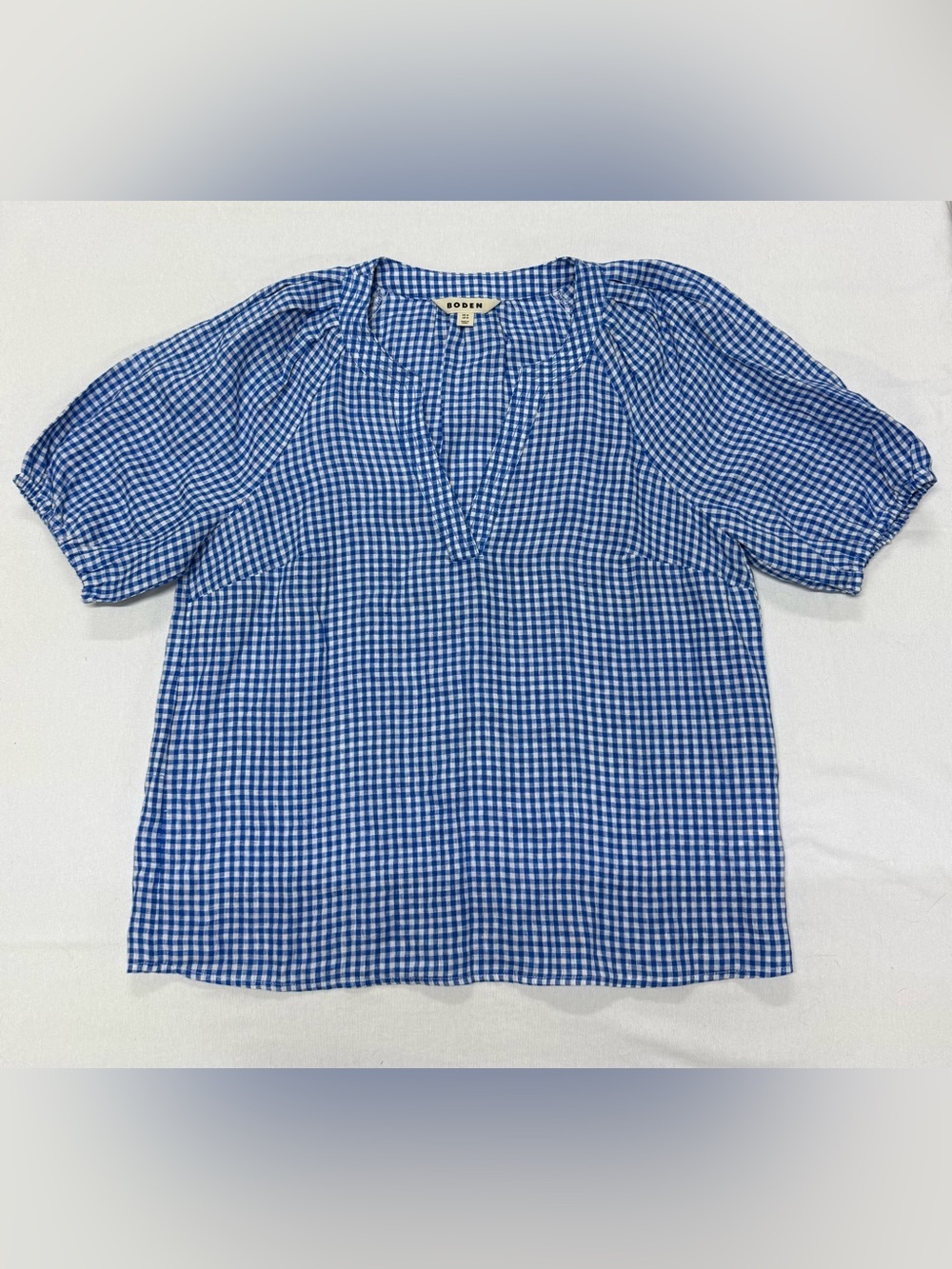 Boden 100% Linen Blue & White Gingham Puff-Sleeve Split-Neck Blouse - Picture 3 of 8